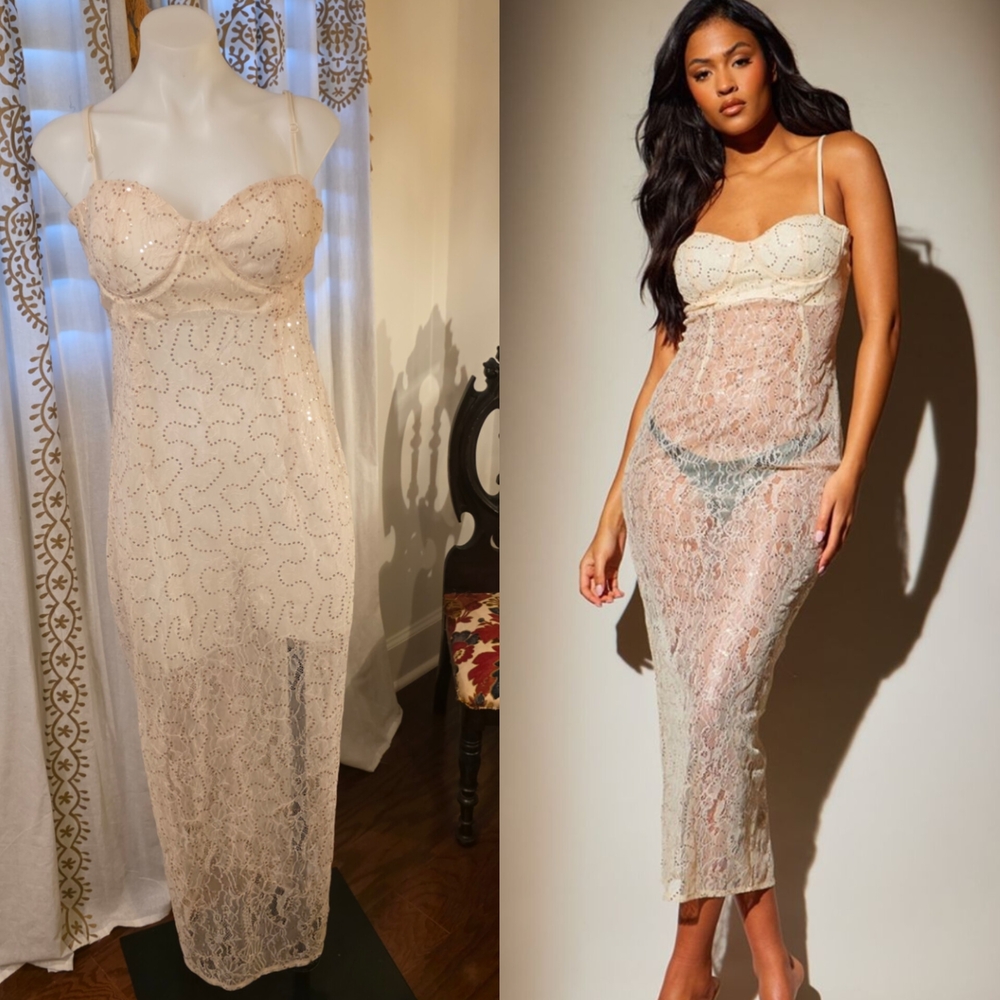 PrettyLittleThing Cream Lace Sheer Chemise Slip